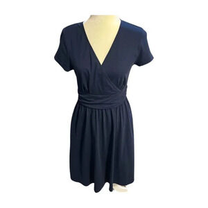 NEWSHOWS Faux Wrap V-Neck Dress Pockets Navy M